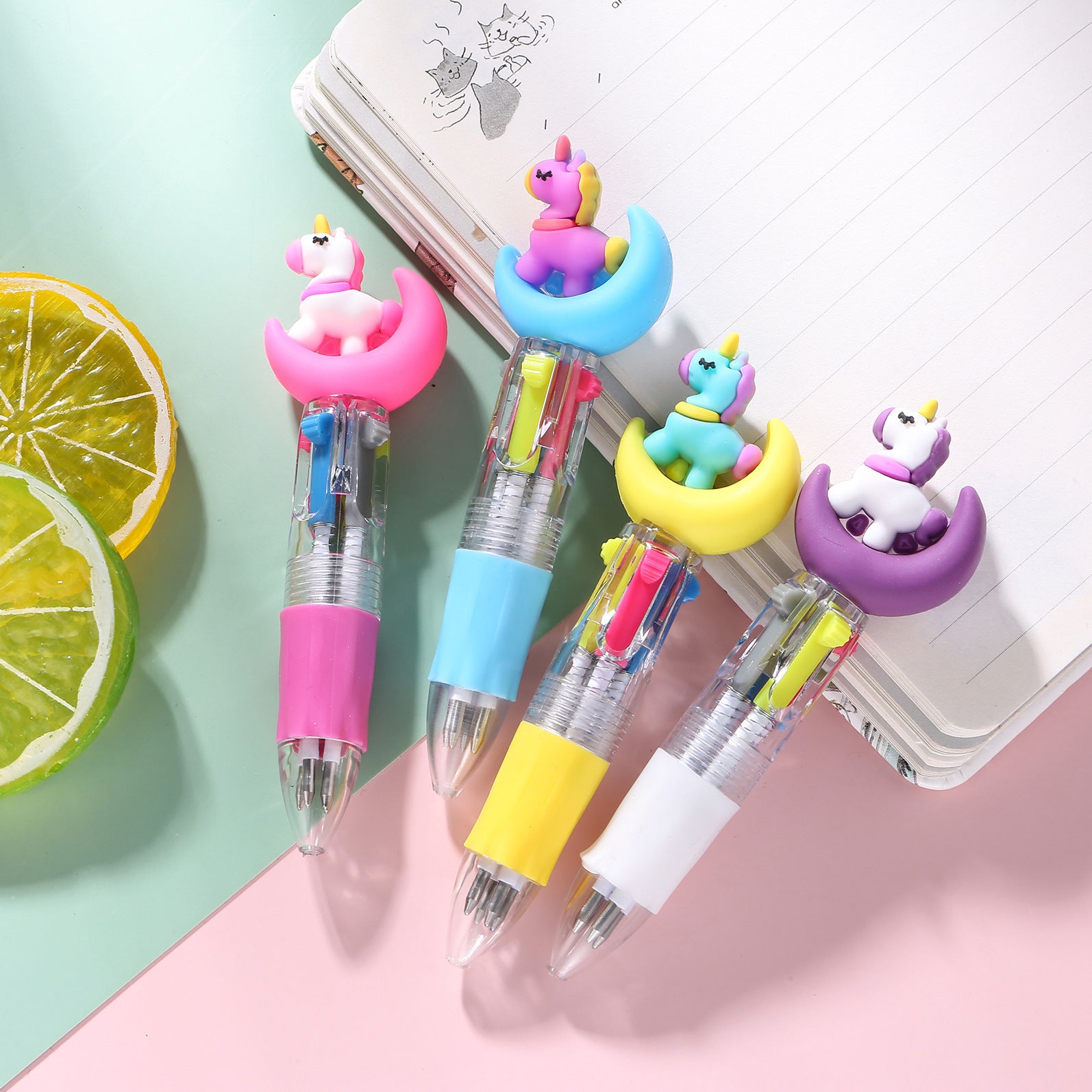 Wholesale Cartoon Cute Head Color Pushing Mini Four Color Plastic Ballpoint Pen